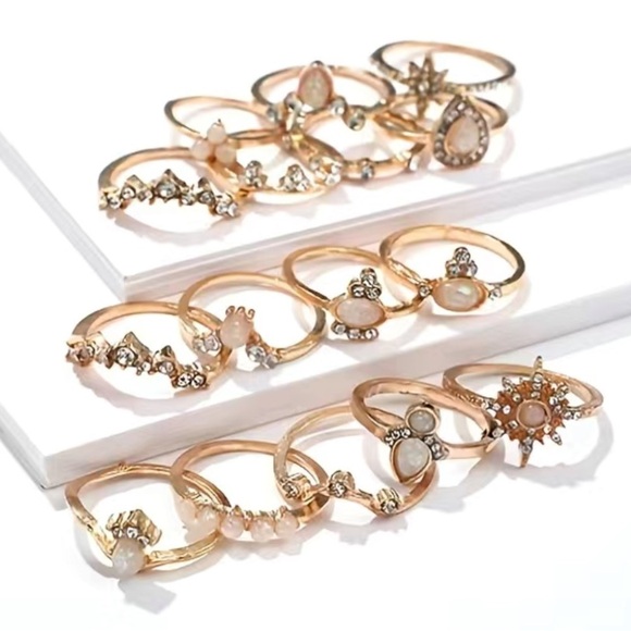 Boho Crown Gemstone Water Drop Ring Set 16pc - Picture 3 of 5